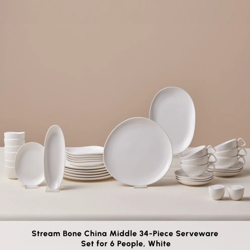 Karaca Stream Bone China Middle 34-Piece Serveware Set for 6 People, White