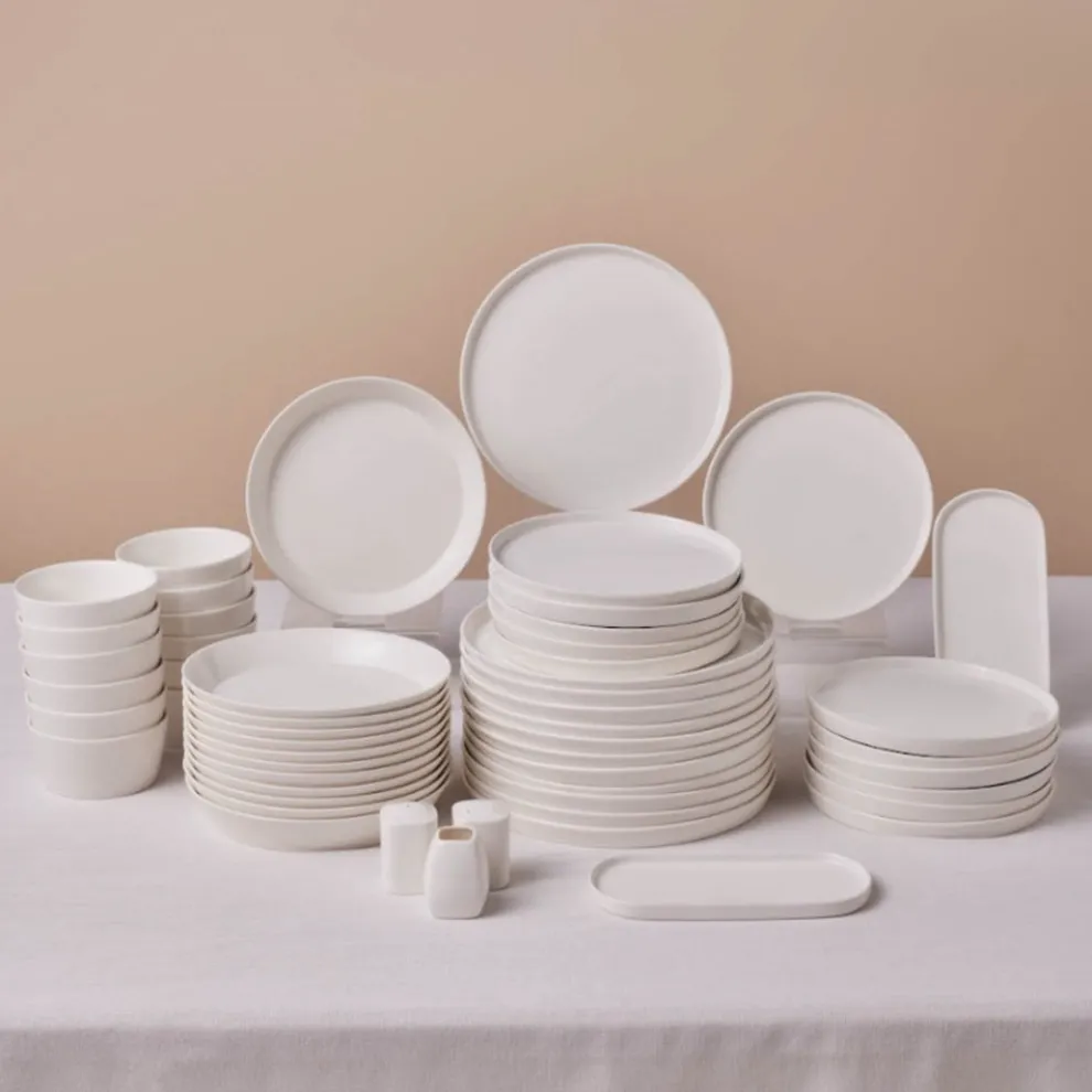 Karaca Stream Bone China Bomo 53-Piece Dinner Set for 12 People, White
