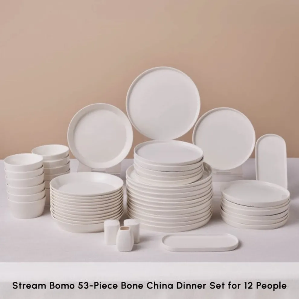 Karaca Stream Bone China Bomo 53-Piece Dinner Set for 12 People, White