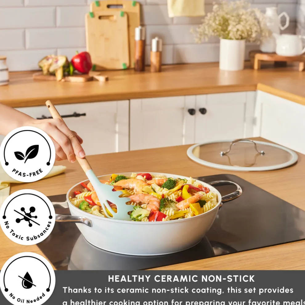 Karaca Swiss Crystal Almond Cream Non-Stick Induction Stainless Steel Handle Shallow Casserole & Lid, 30cm, Cream