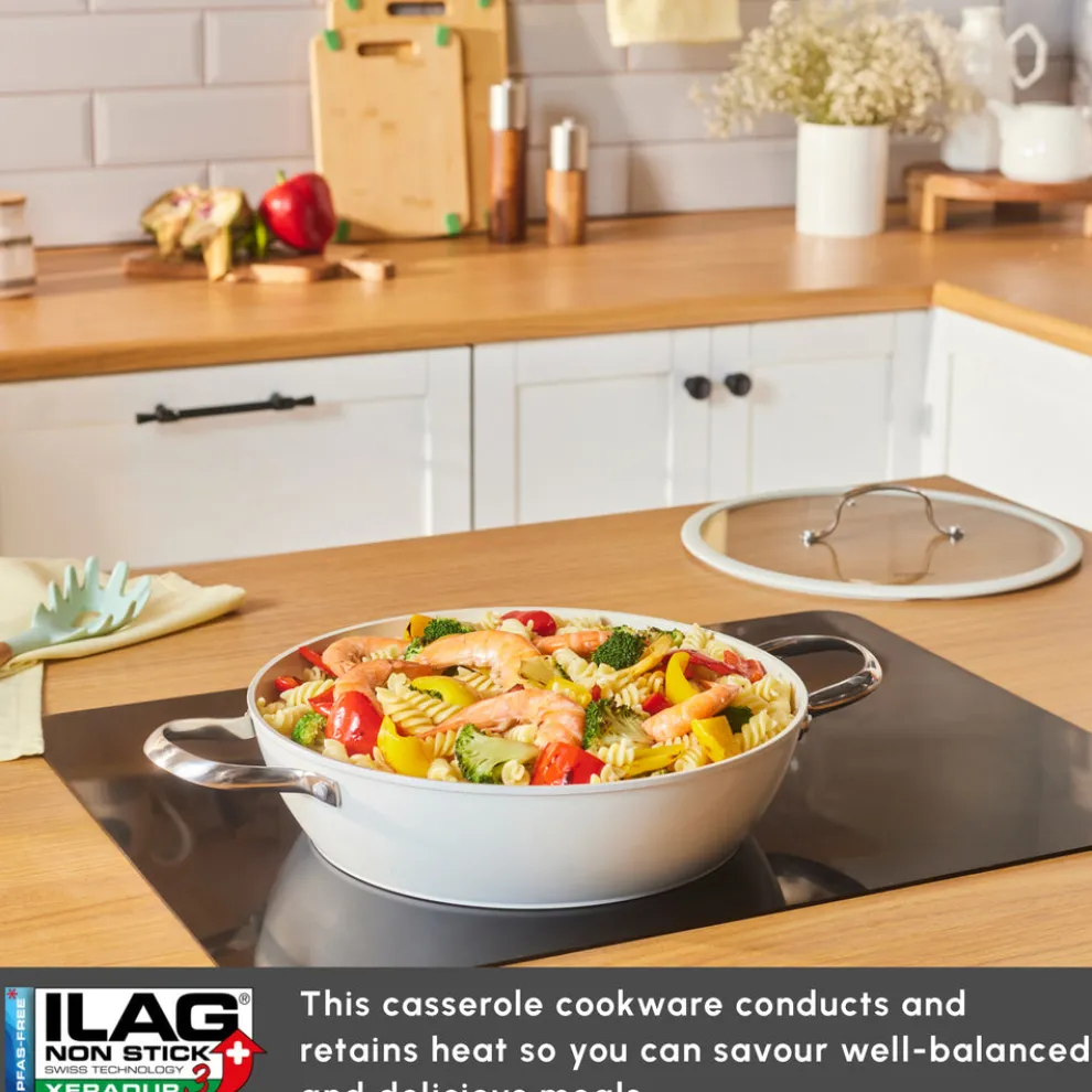 Karaca Swiss Crystal Almond Cream Non-Stick Induction Stainless Steel Handle Shallow Casserole & Lid, 30cm, Cream