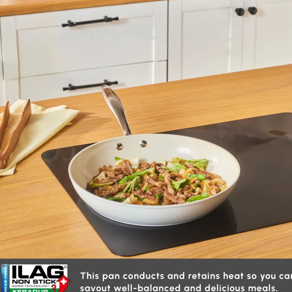 Karaca Swiss Crystal Almond Cream Non-Stick Induction Stainless Steel Handle Pan, 30cm, Cream