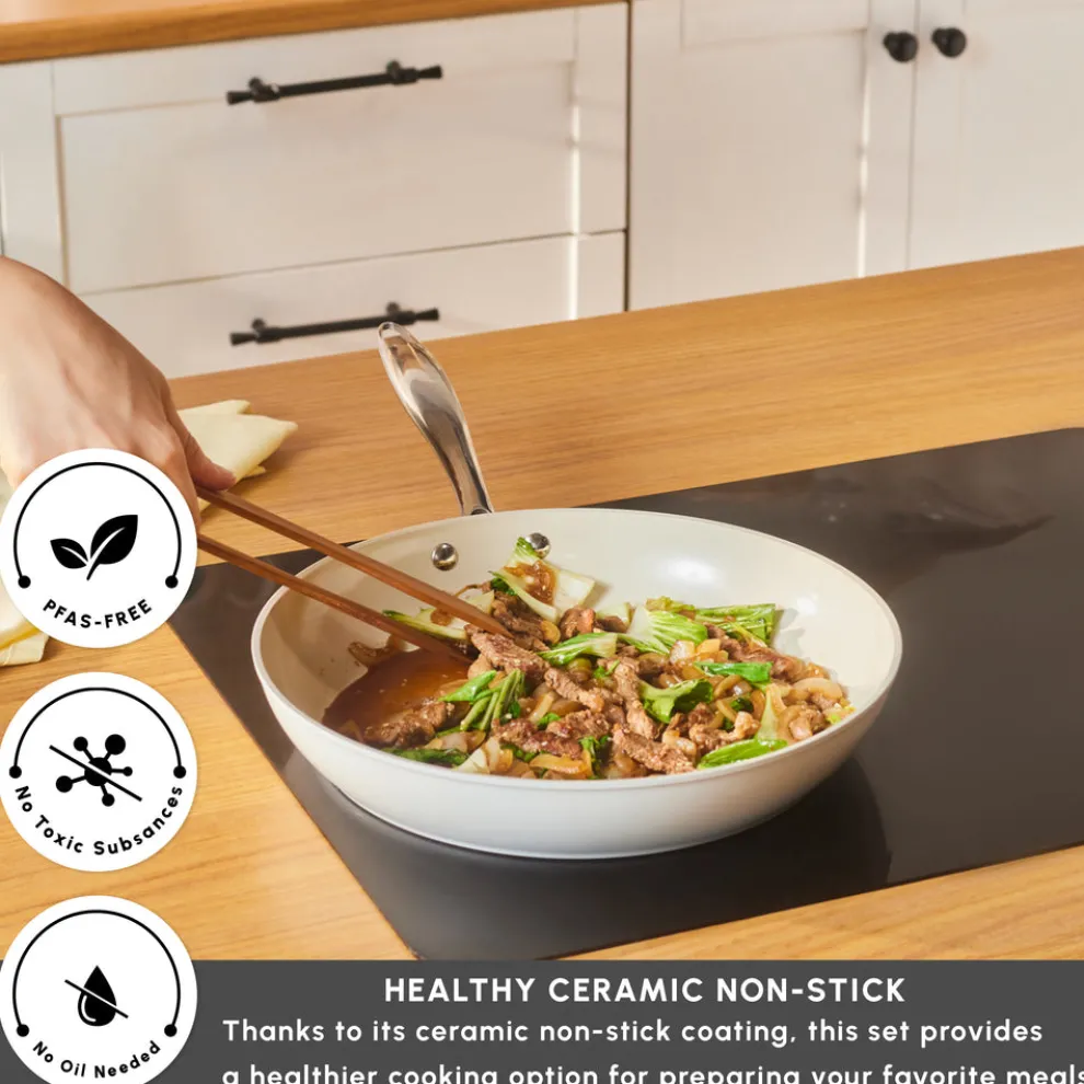 Karaca Swiss Crystal Almond Cream Non-Stick Induction Stainless Steel Handle Pan, 30cm, Cream