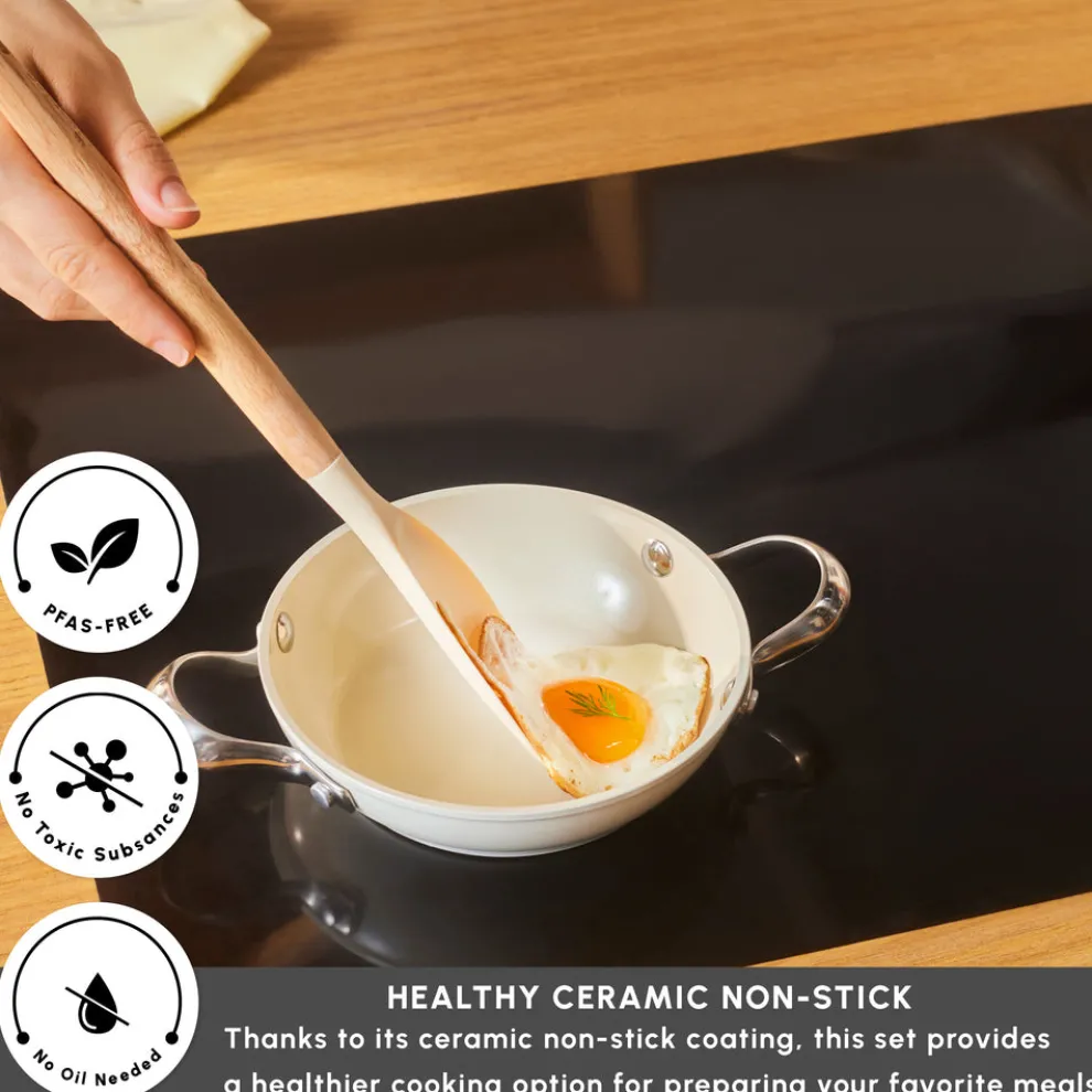 Karaca Swiss Crystal Almond Cream Non-Stick Induction Stainless Steel Handle Shallow Pan, 16cm, Cream