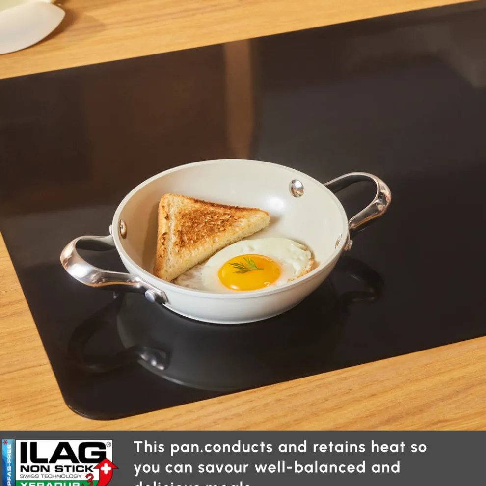 Karaca Swiss Crystal Almond Cream Non-Stick Induction Stainless Steel Handle Shallow Pan, 16cm, Cream