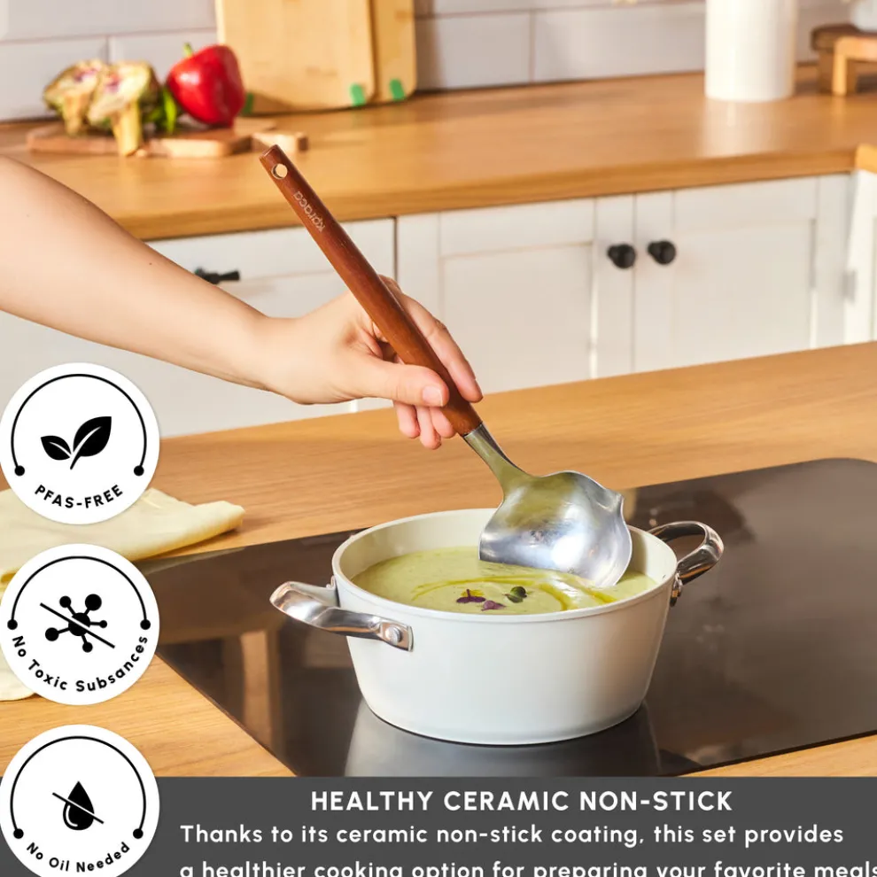 Karaca Swiss Crystal Almond Cream Non-Stick Induction Stainless Steel Handle Casserole & Lid, 20cm, Cream