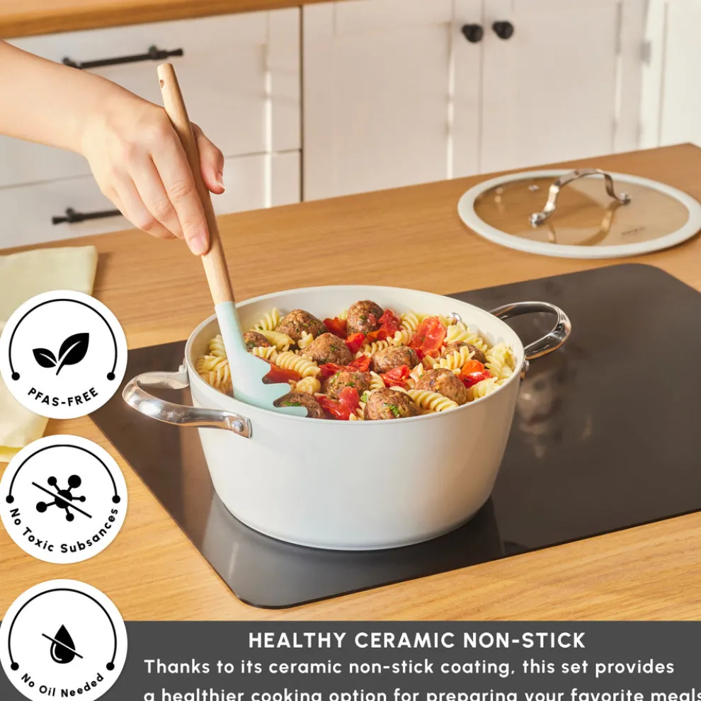 Karaca Swiss Crystal Almond Cream Non-Stick Induction Stainless Steel Handle Casserole & Lid, 24cm, Cream