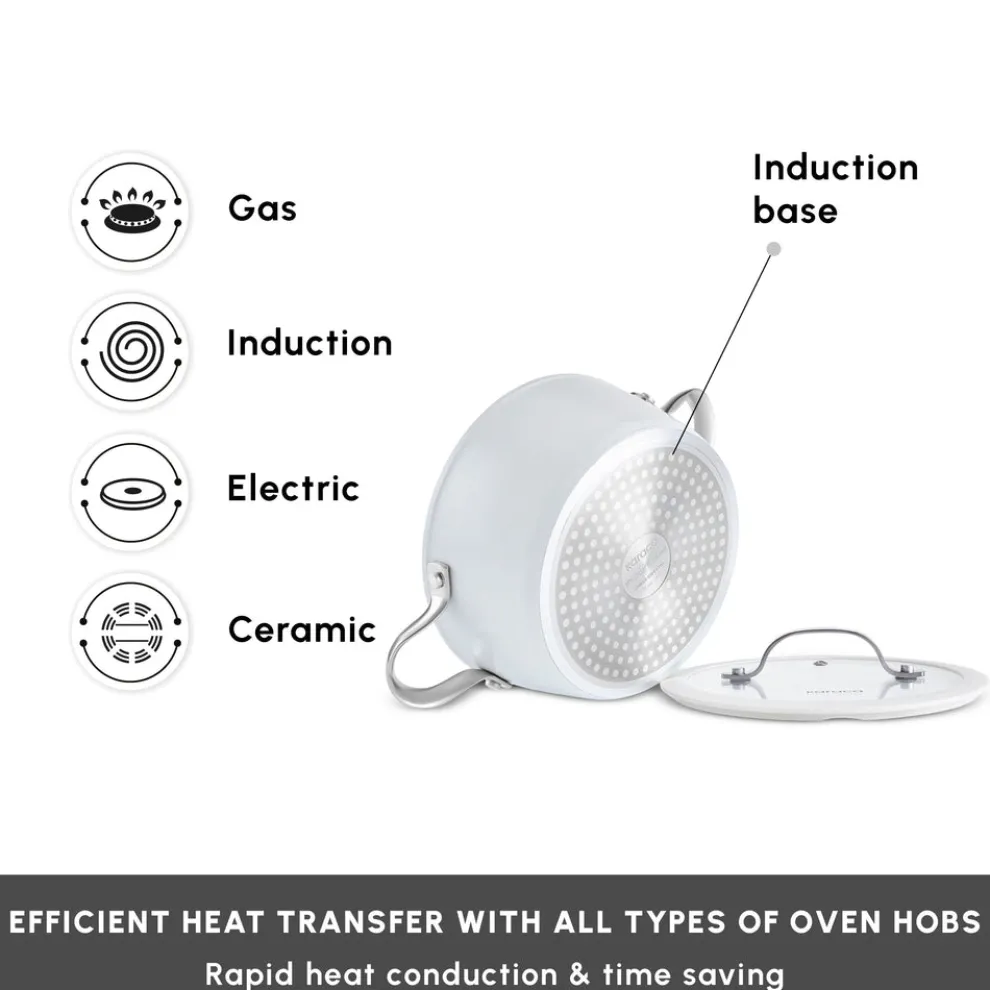 Karaca Swiss Crystal Almond Cream Non-Stick Induction Stainless Steel Handle Casserole & Lid, 24cm, Cream