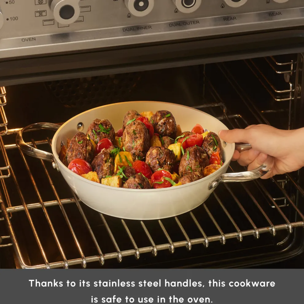 Karaca Swiss Crystal Almond Cream Non-Stick Induction Stainless Steel Handle Casserole & Lid, 24cm, Cream