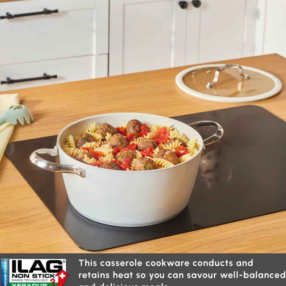 Karaca Swiss Crystal Almond Cream Non-Stick Induction Stainless Steel Handle Casserole & Lid, 24cm, Cream