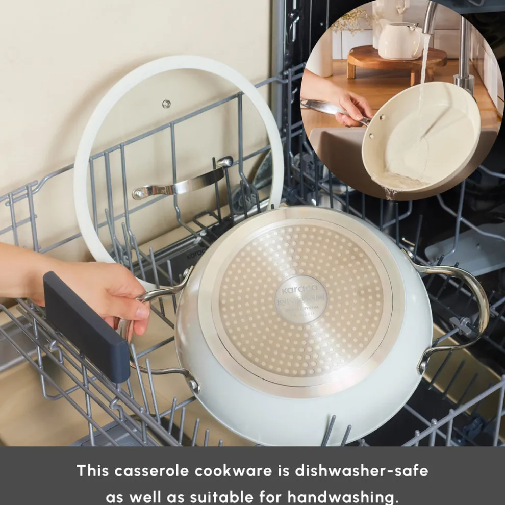 Karaca Swiss Crystal Almond Cream Non-Stick Induction Stainless Steel Handle Casserole & Lid, 24cm, Cream