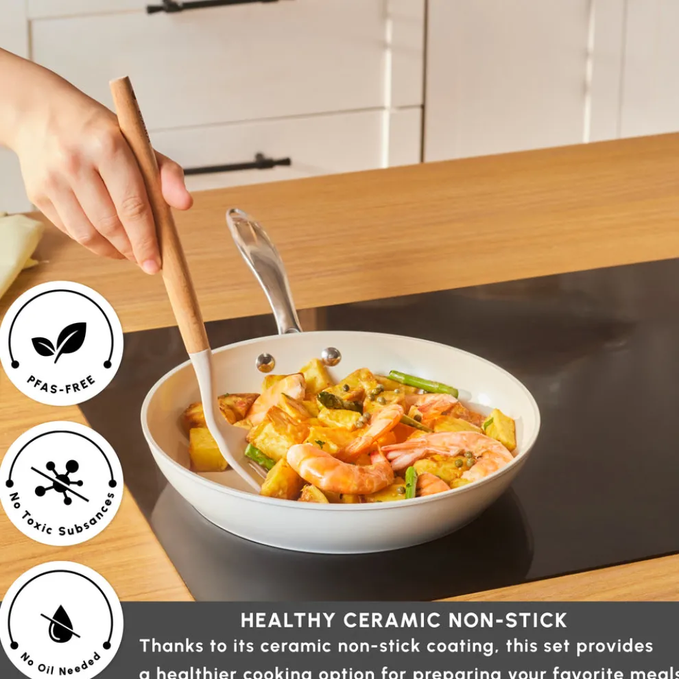 Karaca Swiss Crystal Almond Cream Non-Stick Induction Stainless Steel Handle Pan, 26cm, Cream