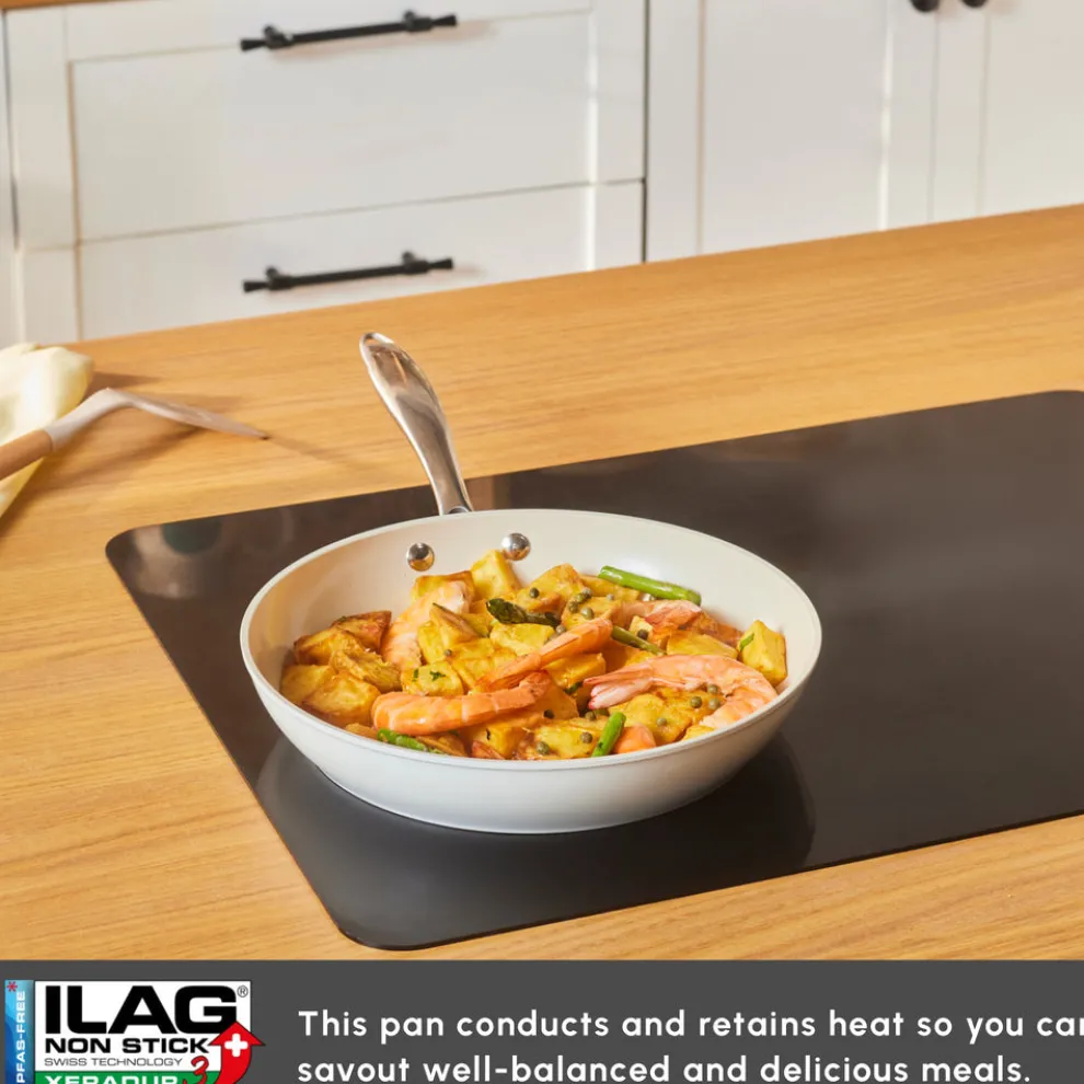 Karaca Swiss Crystal Almond Cream Non-Stick Induction Stainless Steel Handle Pan, 26cm, Cream