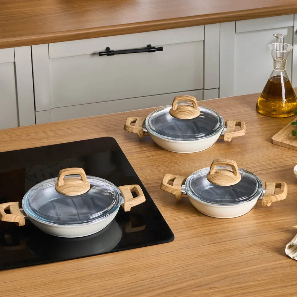 Karaca Swiss Crystal 6 Piece Non-Stick Induction Shallow Cookware Set, Creamy