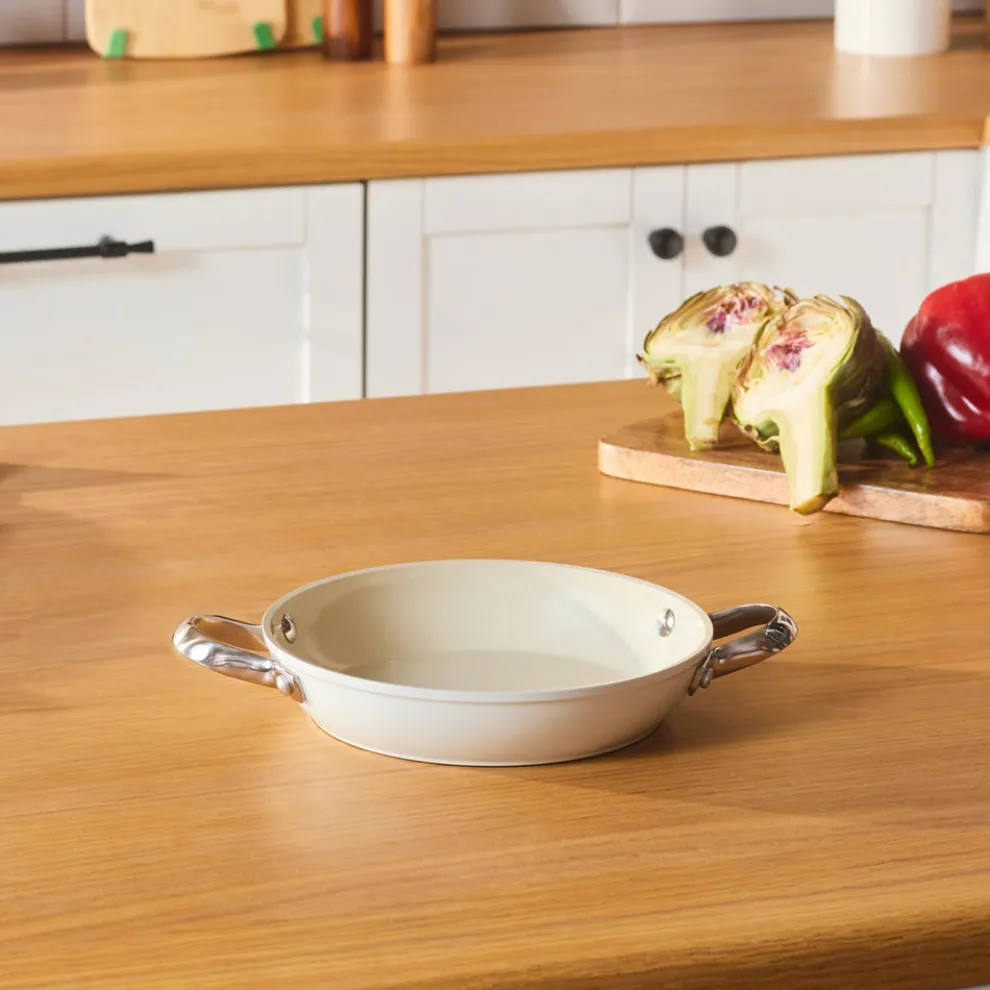 Karaca Swiss Crystal Almond Cream Non-Stick Induction Stainless Steel Handle Shallow Pan, 20cm, Cream