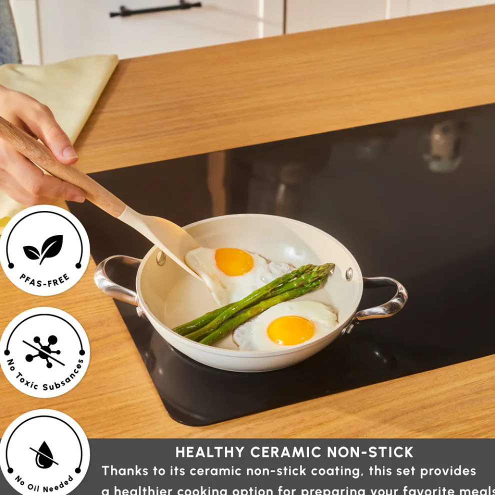 Karaca Swiss Crystal Almond Cream Non-Stick Induction Stainless Steel Handle Shallow Pan, 20cm, Cream