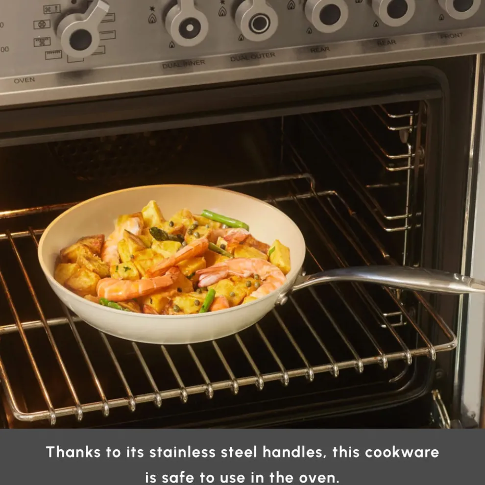 Karaca Swiss Crystal Almond Cream Non-Stick Induction Stainless Steel Handle Shallow Pan, 20cm, Cream