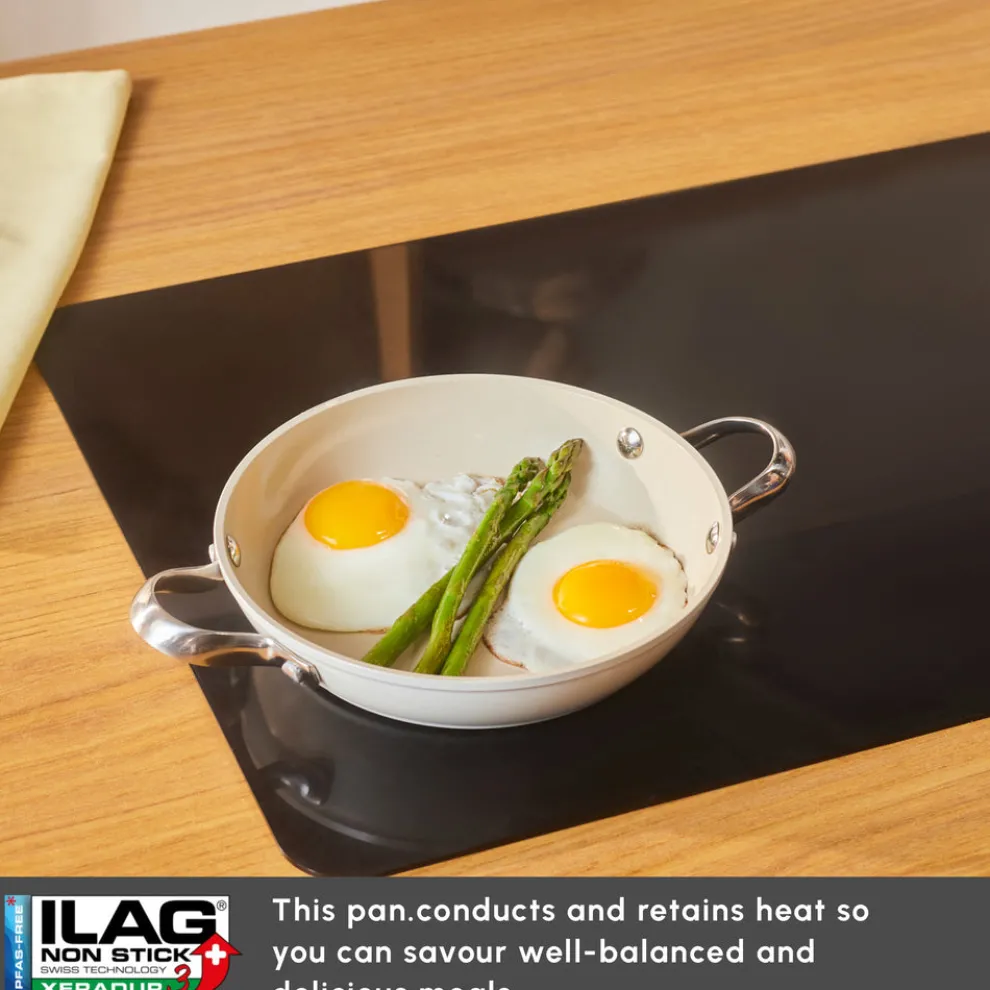 Karaca Swiss Crystal Almond Cream Non-Stick Induction Stainless Steel Handle Shallow Pan, 20cm, Cream