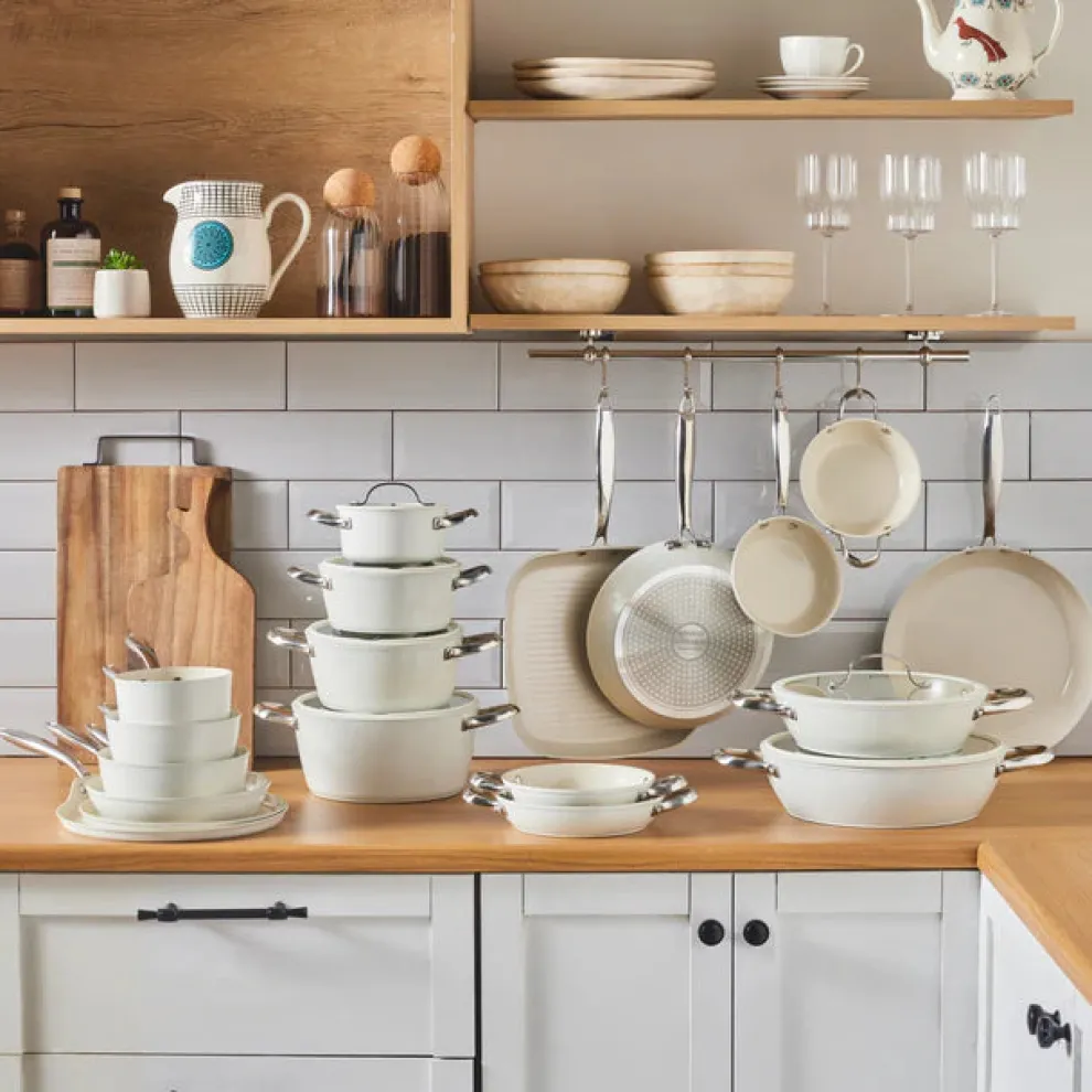 Karaca Swiss Crystal Almond Cream Non-Stick Induction Stainless Steel Handle Shallow Pan, 20cm, Cream