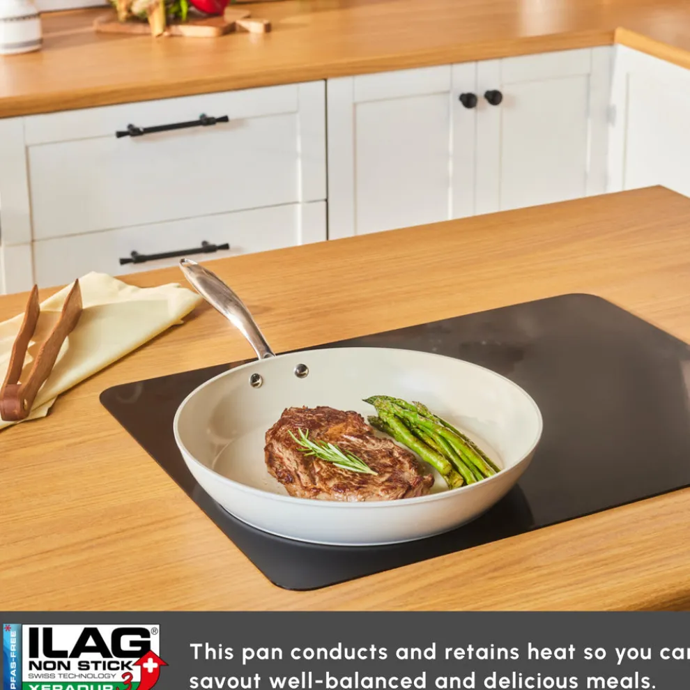 Karaca Swiss Crystal Almond Cream Non-Stick Induction Stainless Steel Handle Pan, 32cm, Cream