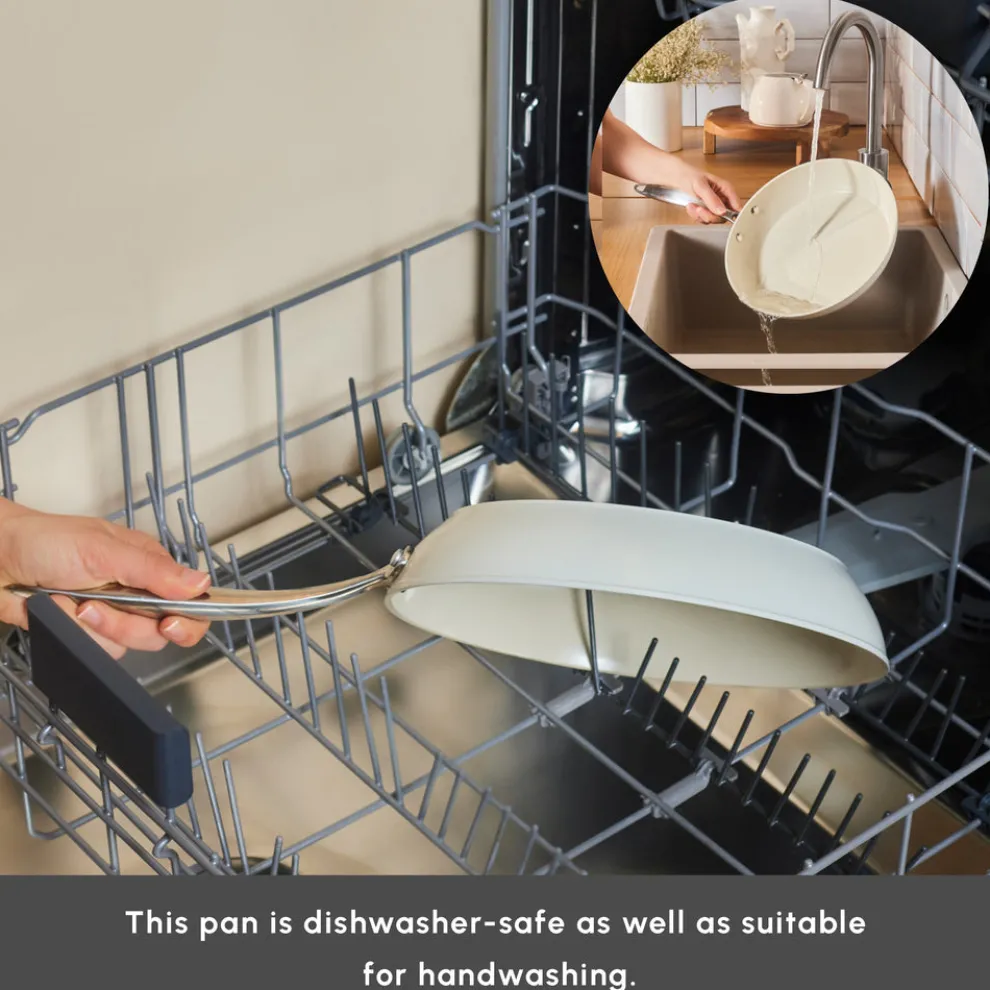 Karaca Swiss Crystal Almond Cream Non-Stick Induction Stainless Steel Handle Pan, 32cm, Cream