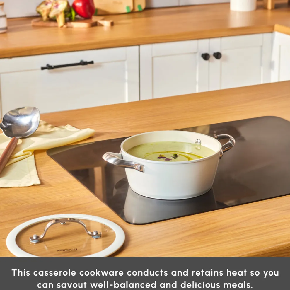Karaca Swiss Crystal Almond Cream Non-Stick Induction Stainless Steel Handle Casserole & Lid, 18cm, Cream
