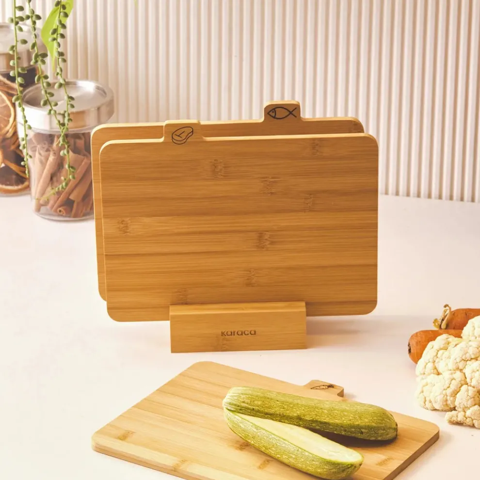 Karaca Triple 4-Piece Bamboo Chopping Board Set with Stand, Wood