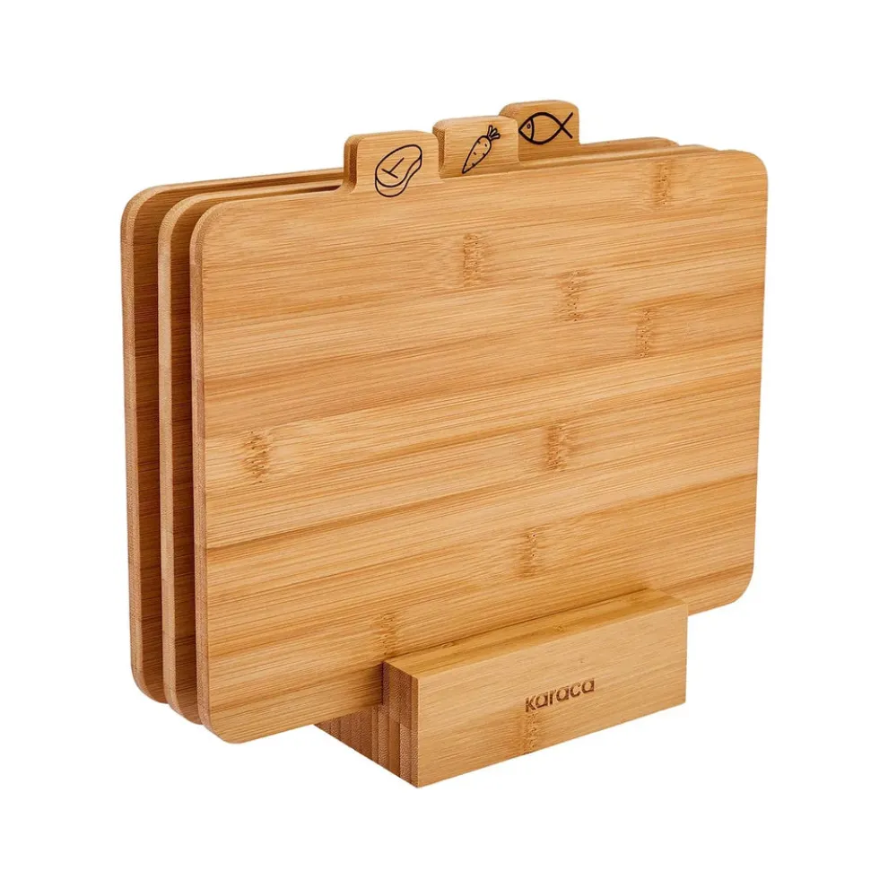 Karaca Triple 4-Piece Bamboo Chopping Board Set with Stand, Wood