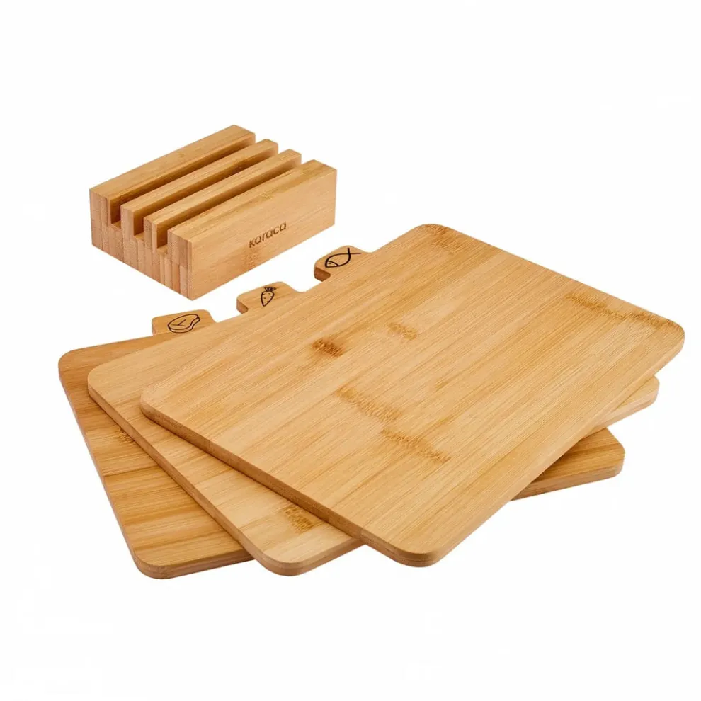 Karaca Triple 4-Piece Bamboo Chopping Board Set with Stand, Wood