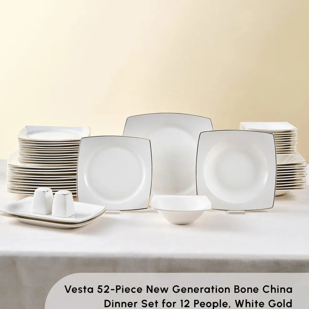 Karaca Vesta 52-Piece Bone China Dinner Set for 12 People, Gold