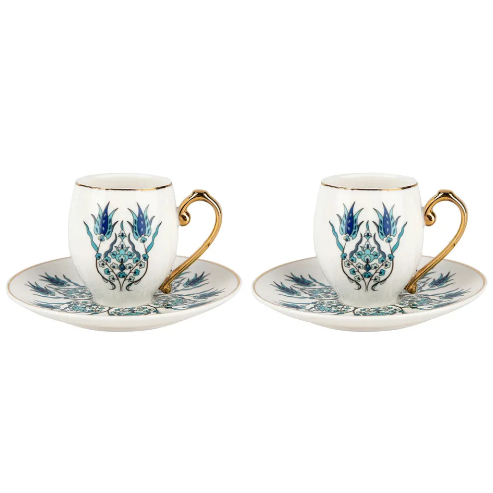 Karaca İznik 4-Piece Porcelain Espresso Turkish Coffee Cup Set for 2 People, 80ml, White Blue