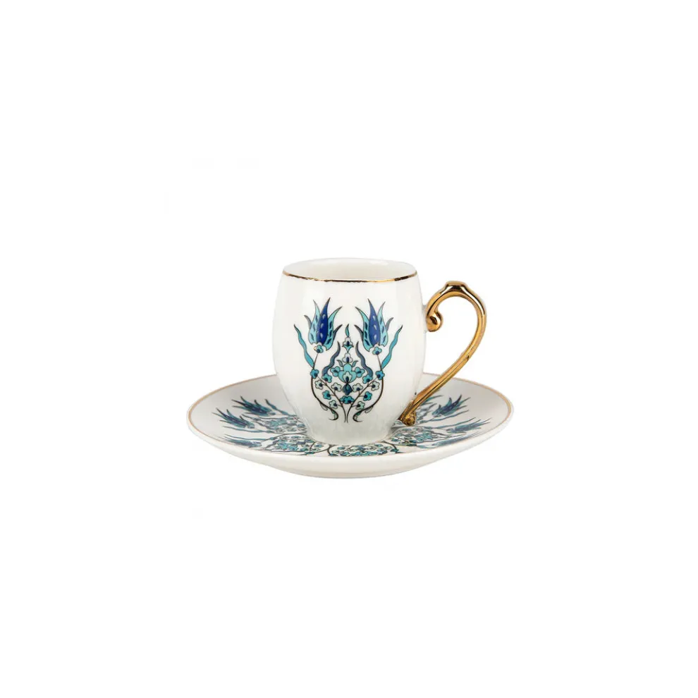 Karaca İznik 4-Piece Porcelain Espresso Turkish Coffee Cup Set for 2 People, 80ml, White Blue