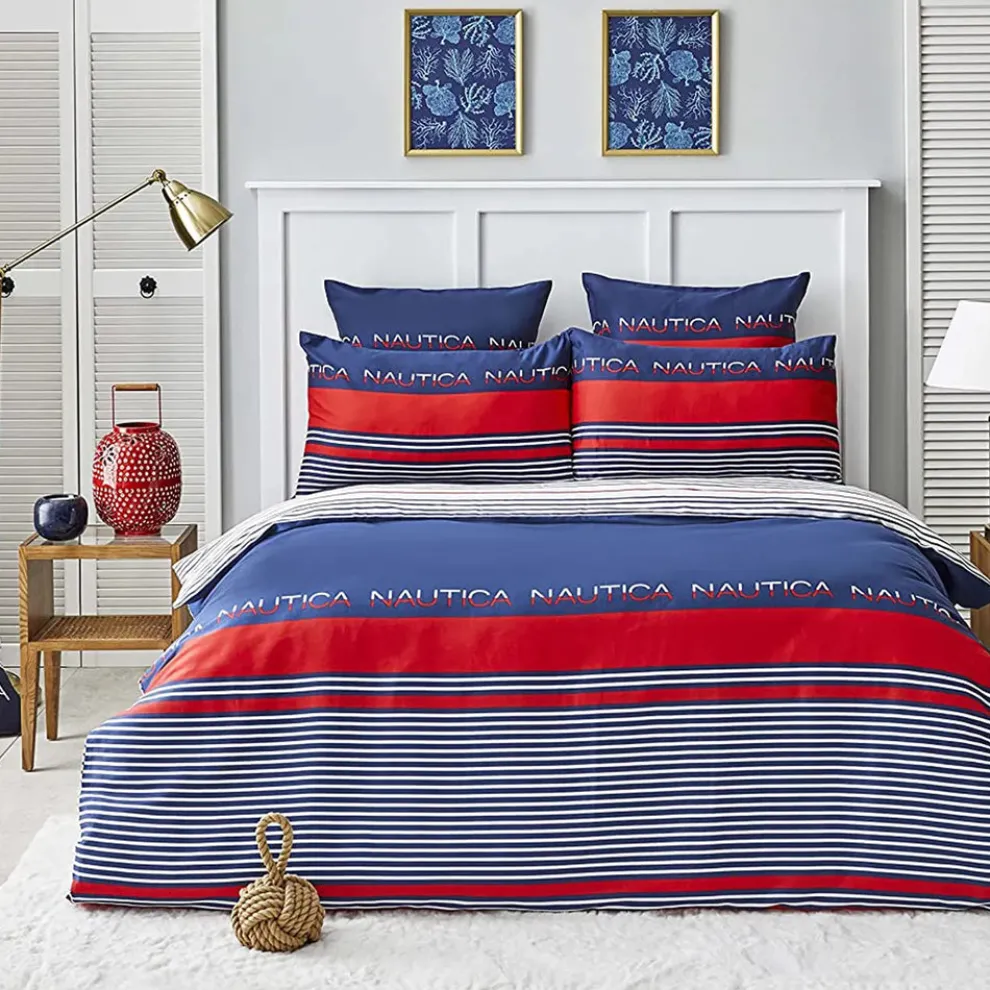 Nautica Home Drifting 100% Cotton Duvet Cover Set, King, 230cmx220cm, Navy Blue Multi