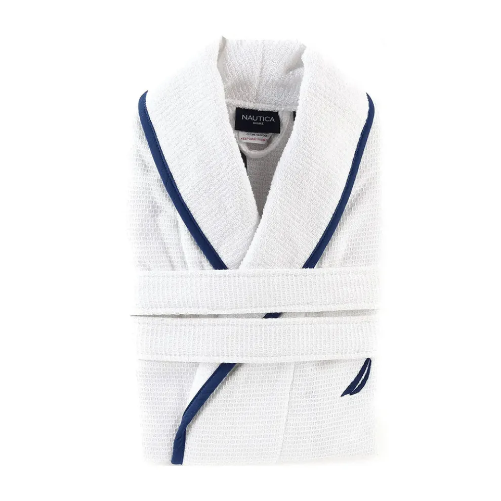 Nautica Home Marlin 100% Turkish Cotton Bathrobe, Medium, White Navy Blue