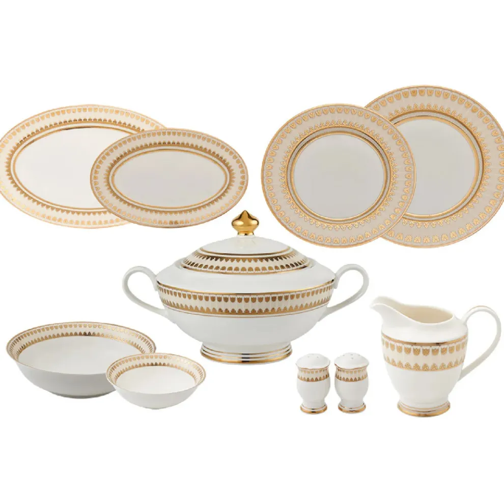 Weimar Joanna Of Bavaria 63-Piece Fine Bone China Dinner Set for 12 People, White Gold